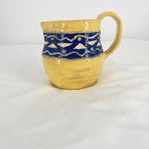 Handcrafted Ceramic Pitcher With Blue Wave‎ Pattern & Yellow Glaze